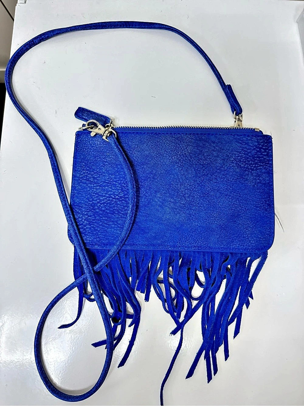 Free People Fringe Suede Crossbody Bag Blue